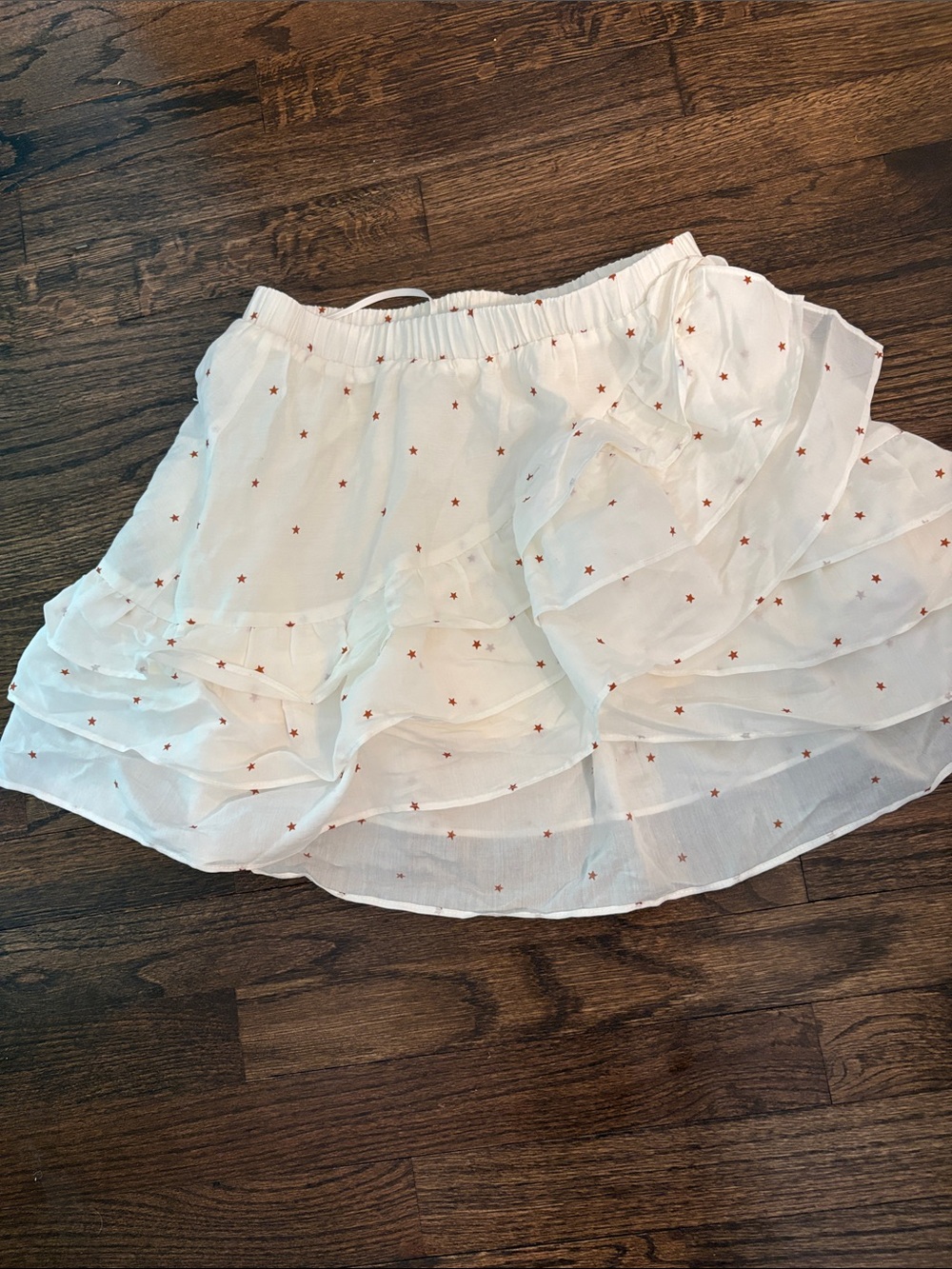 White Ruffled Mini Skirt with Red Star Print 4th of July.  Had a liner